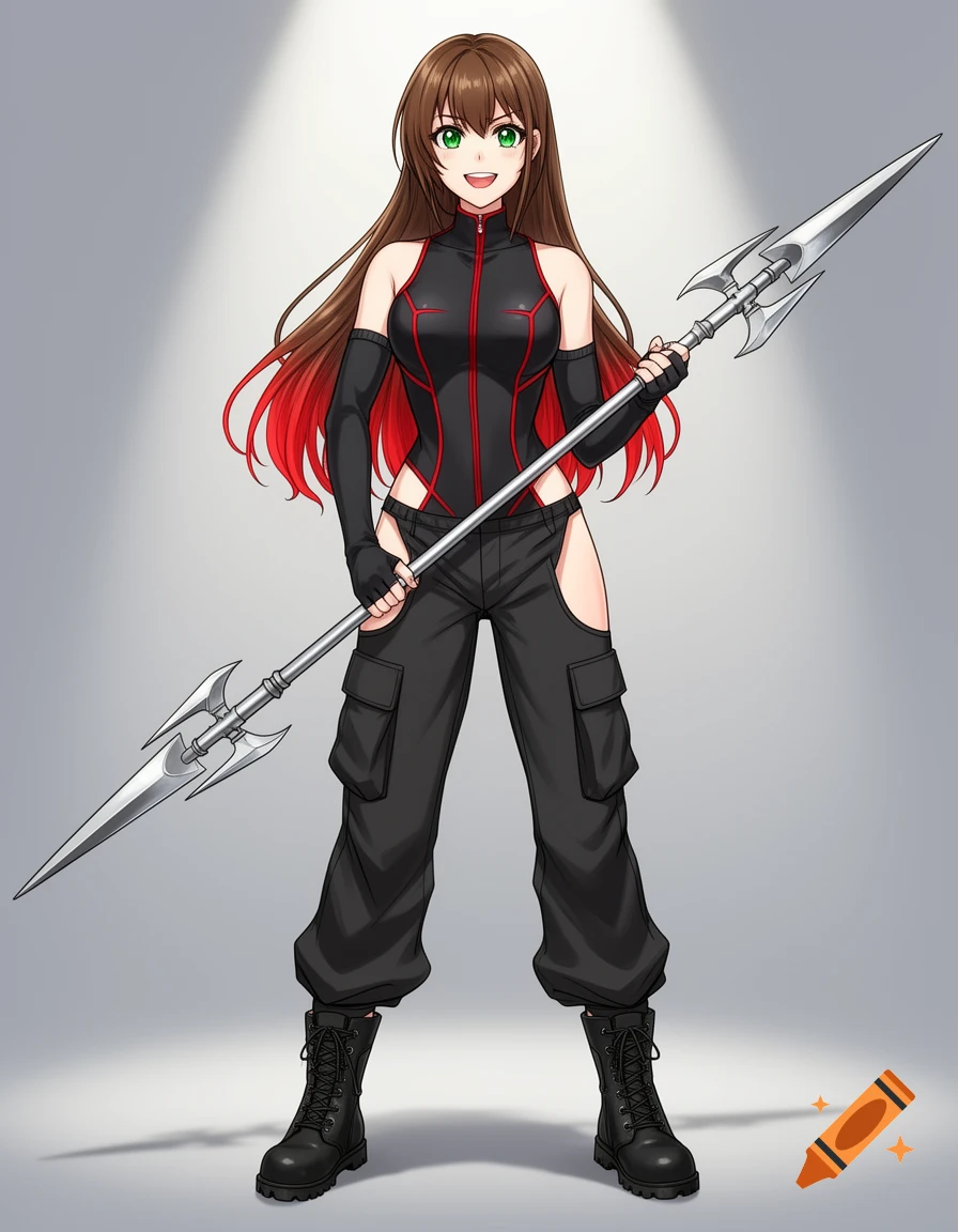An anime woman with brown and red hair, green eyes, wearing a black suit and cargo pants with hip cutouts, holding a silver double-bladed spear.