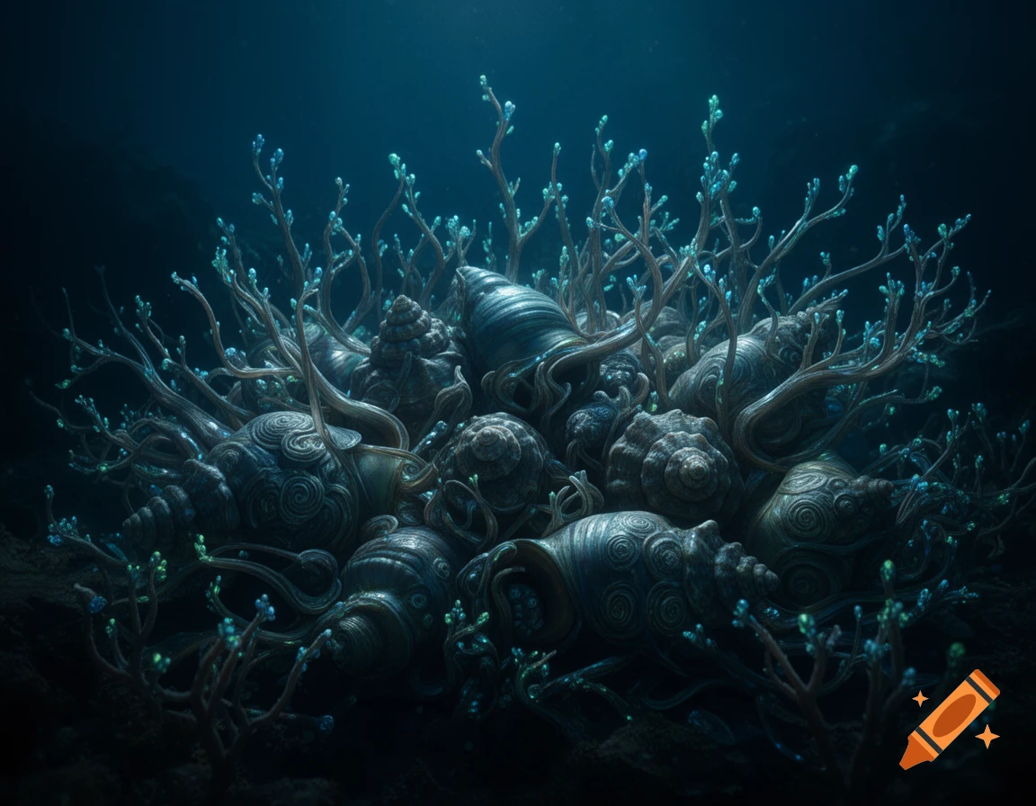 Fantastical biomorphic seashells and corals with glowing blue-green tips in a dark, moody underwater scene.