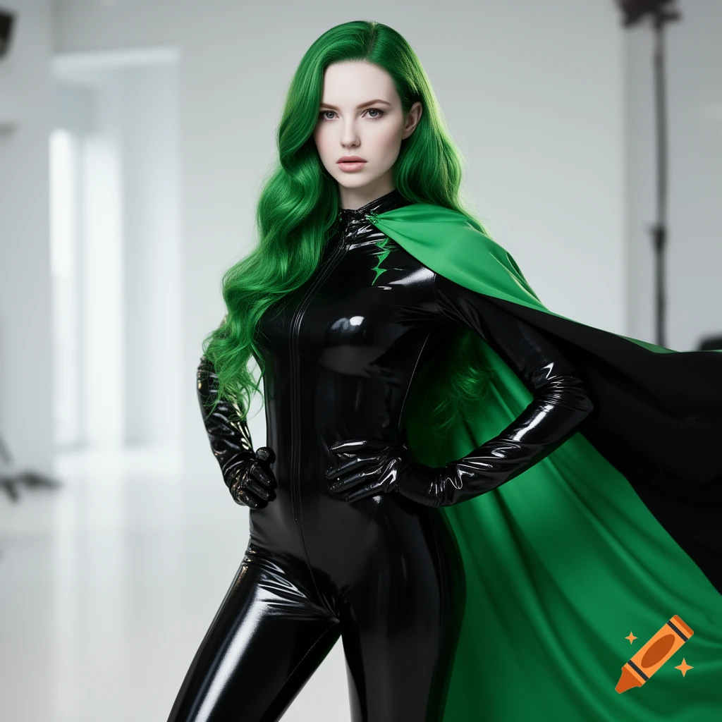 A pale-skinned woman with long green hair wears a shiny black vinyl catsuit and a flowing green and black cape.