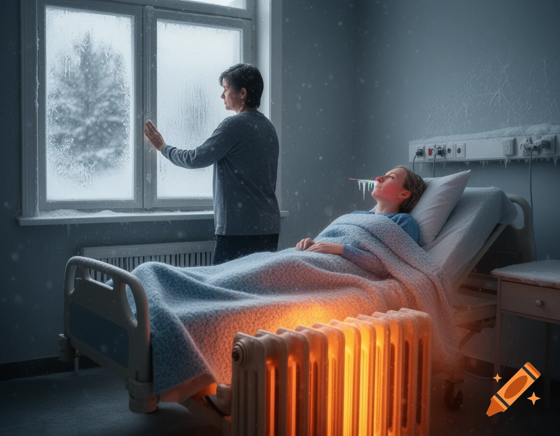 Photorealistic image of a cold hospital room. A patient with icicles on their nose in bed, another person looks out a frosty window. A heater glows.