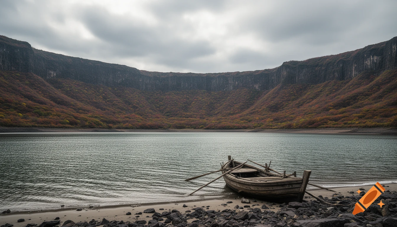 A small wooden boat rests on a rocky beach next to a lake, framed by tall, autumn-colored caldera walls under an overcast sky.