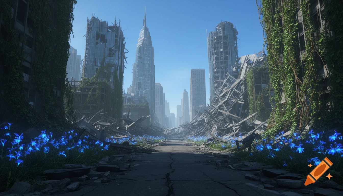 A photorealistic view of a ruined post-apocalyptic city with tall crumbling skyscrapers covered in green vines and glowing blue flowers lining a cracked asphalt road under a clear blue sky.