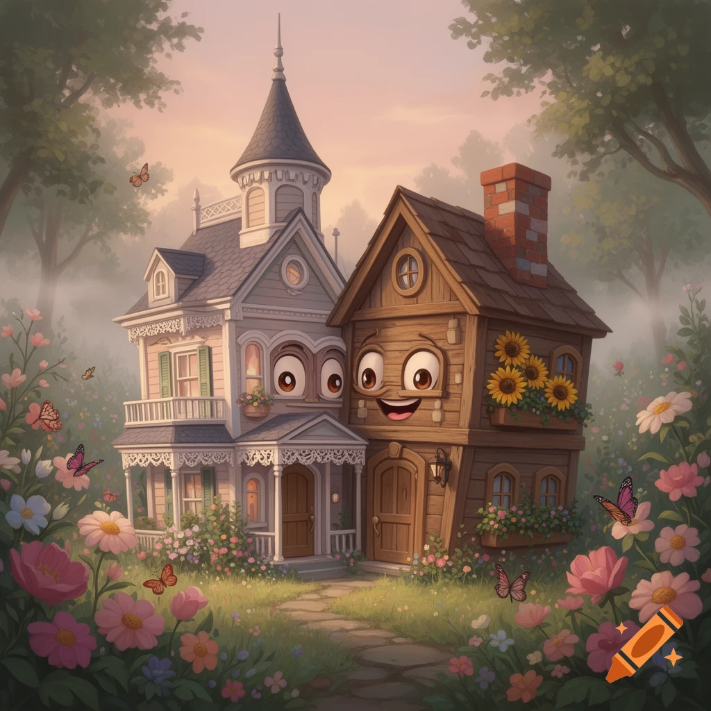 Two whimsical anthropomorphic houses hugging on a flowery garden path at sunset, cartoon style.