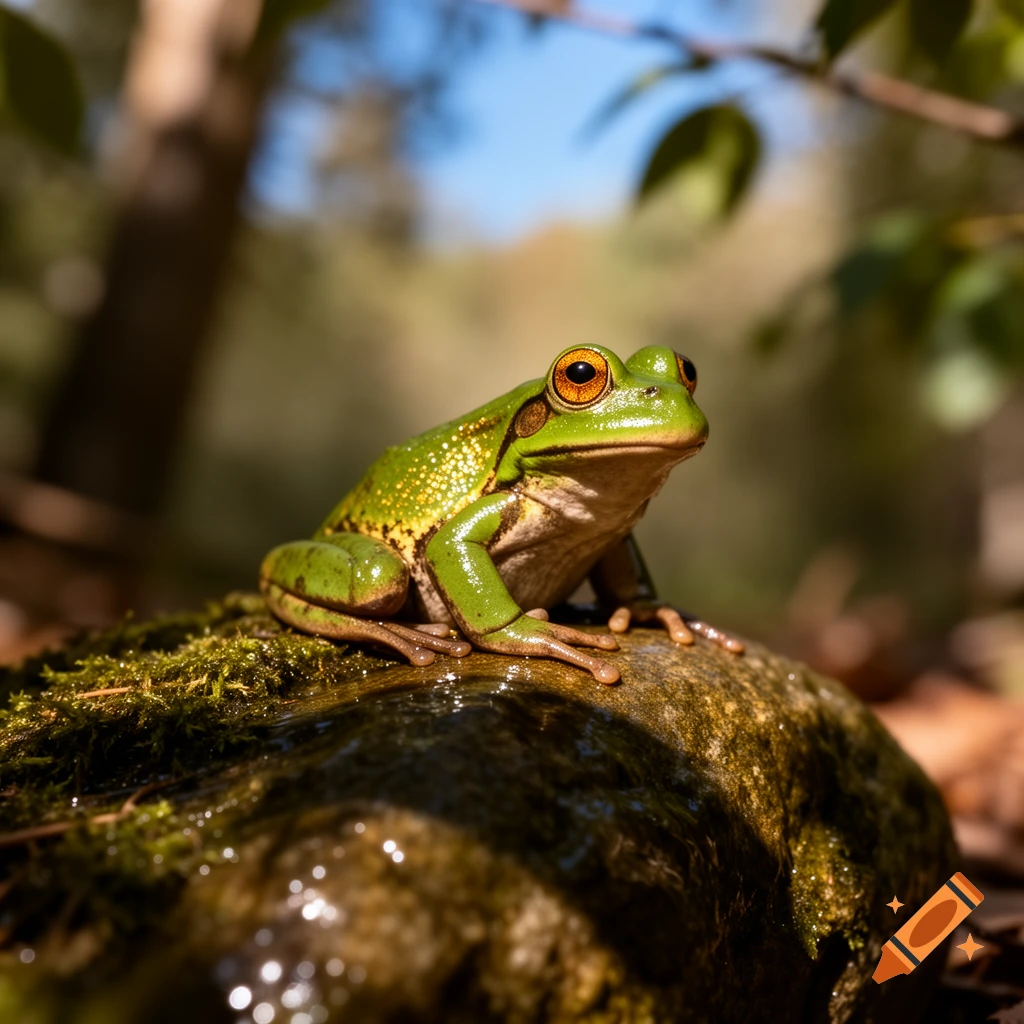 A vibrant green frog with large orange eyes sits on a mossy, wet rock in a sunlit forest.