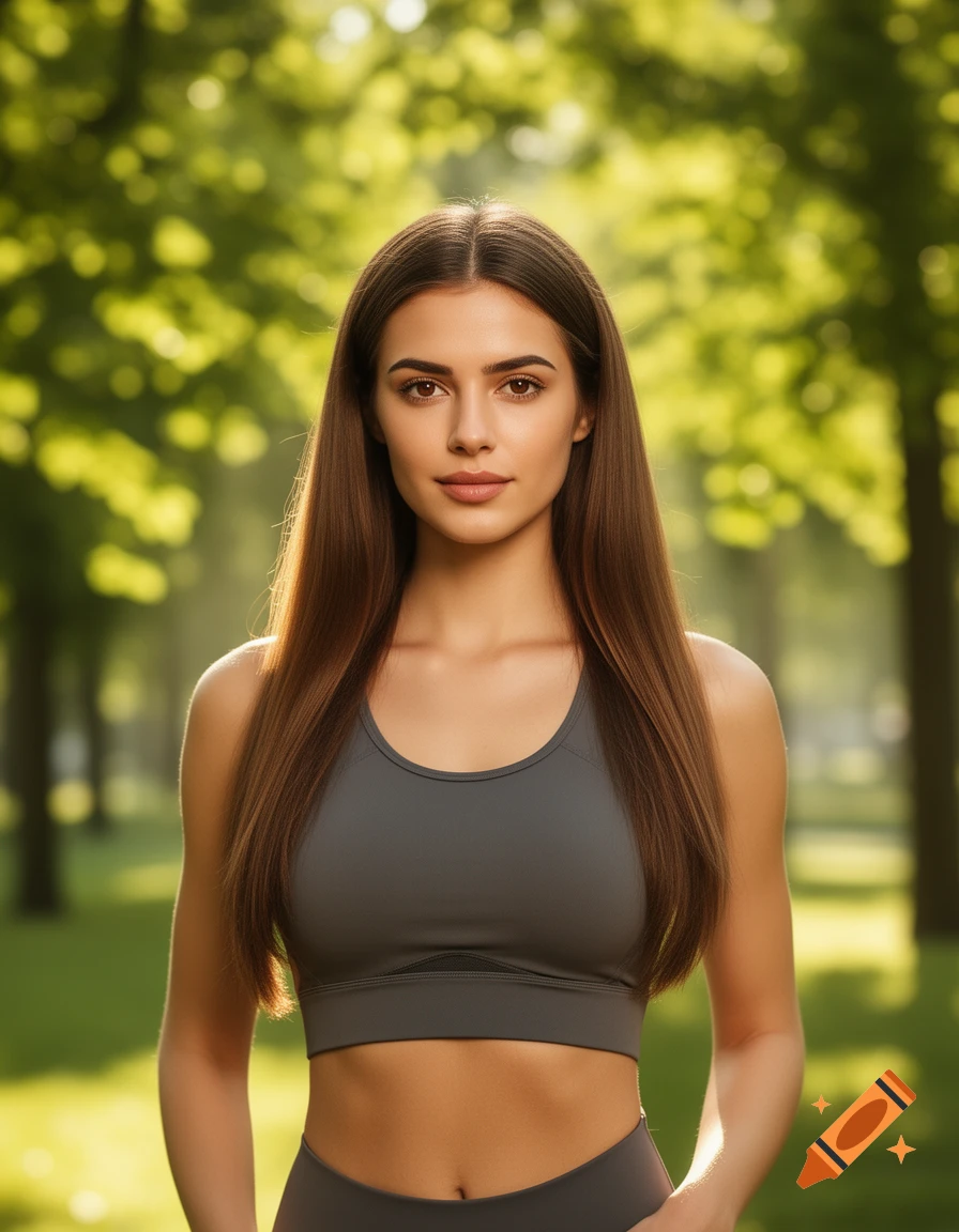 Photorealistic portrait of a young woman with long brown hair in a grey sports bra, standing in a sunlit park.
