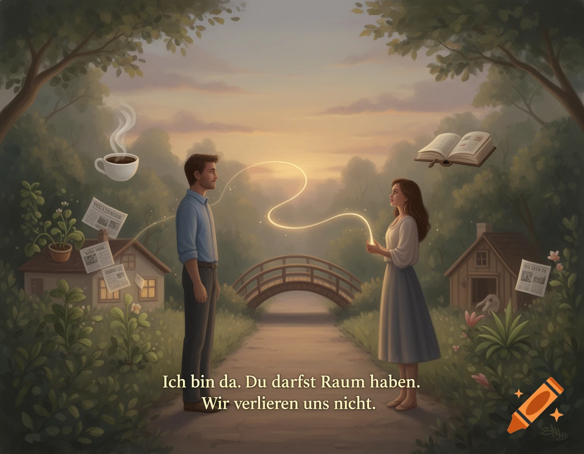 A stylized illustration of a man and a woman in a lush landscape with a glowing connection between them, surrounded by symbolic items and houses, under a warm sky.