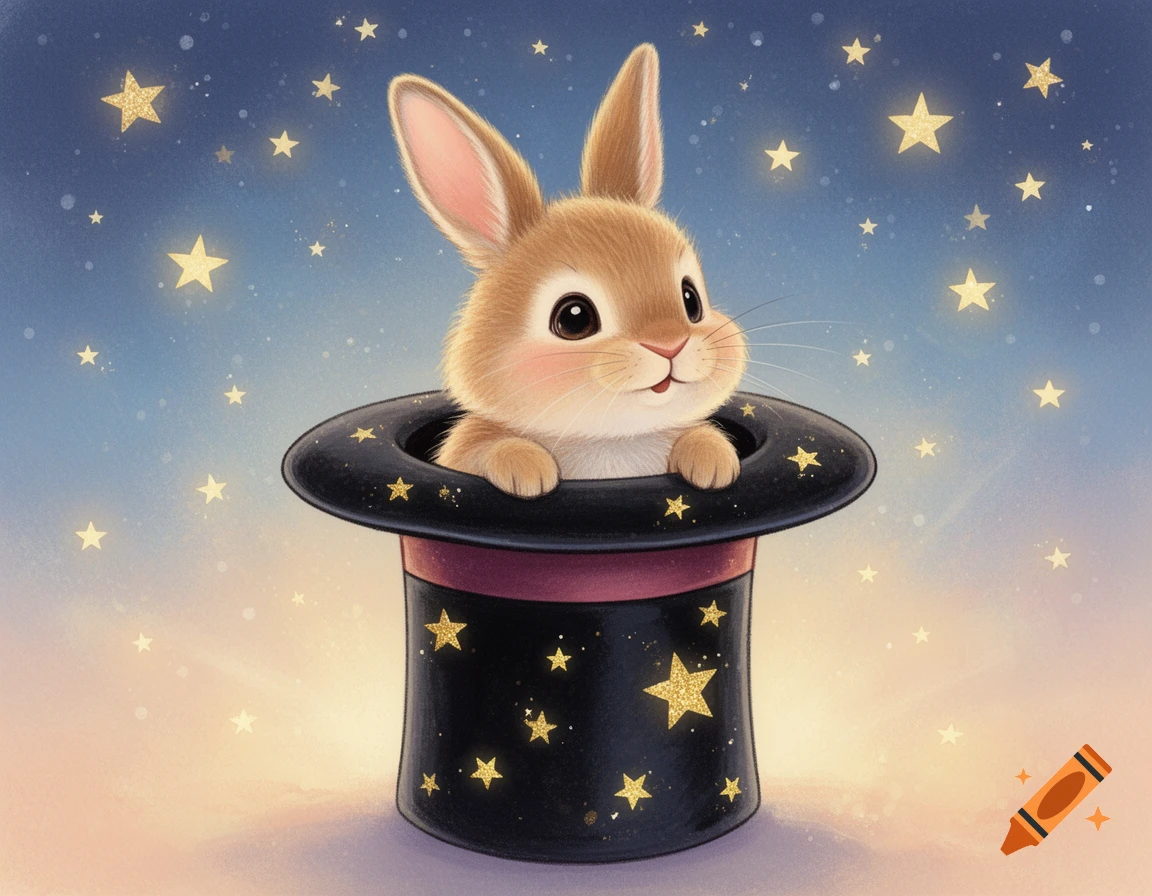 Cute brown rabbit peeking from a black magician's top hat with gold stars against a blue and gold starry sky, children's book illustration.