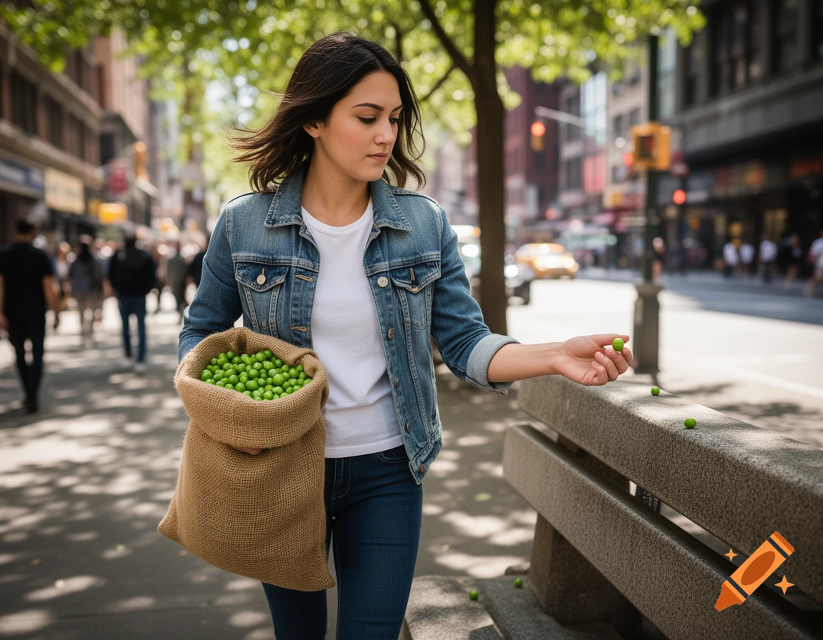 A woman in a denim jacket walks on a city street, carrying a burlap bag of green peas and dropping one from her hand.