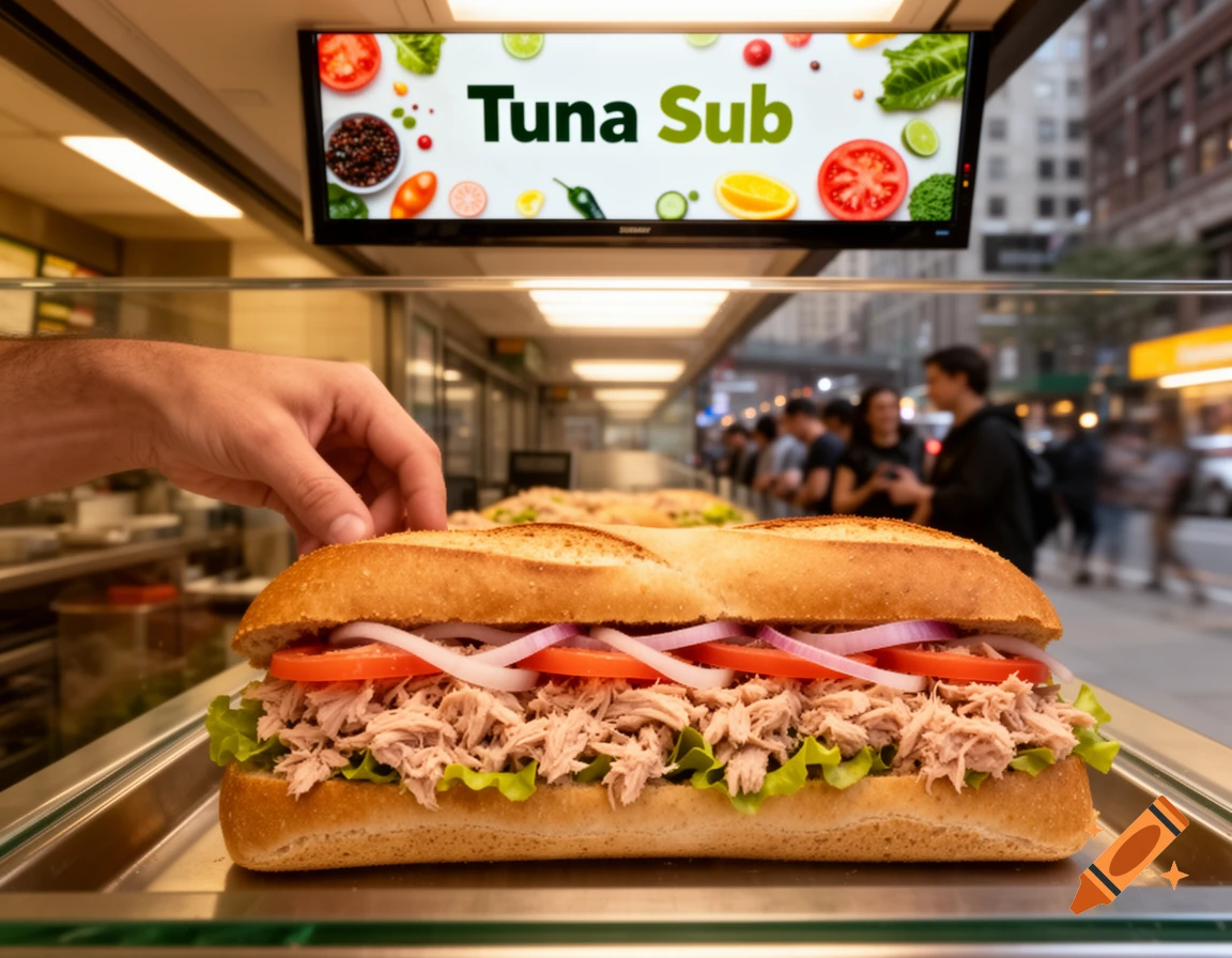 A person's hand adjusts a fresh tuna sub sandwich with lettuce, tomato, and onion on a counter in a restaurant, with a 'Tuna Sub' menu on a screen.