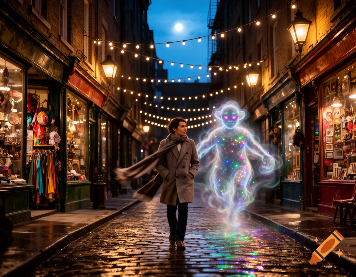 A person in a coat walks down a wet, cobbled street at night, accompanied by a glowing, colorful spirit, under string lights and a full moon.