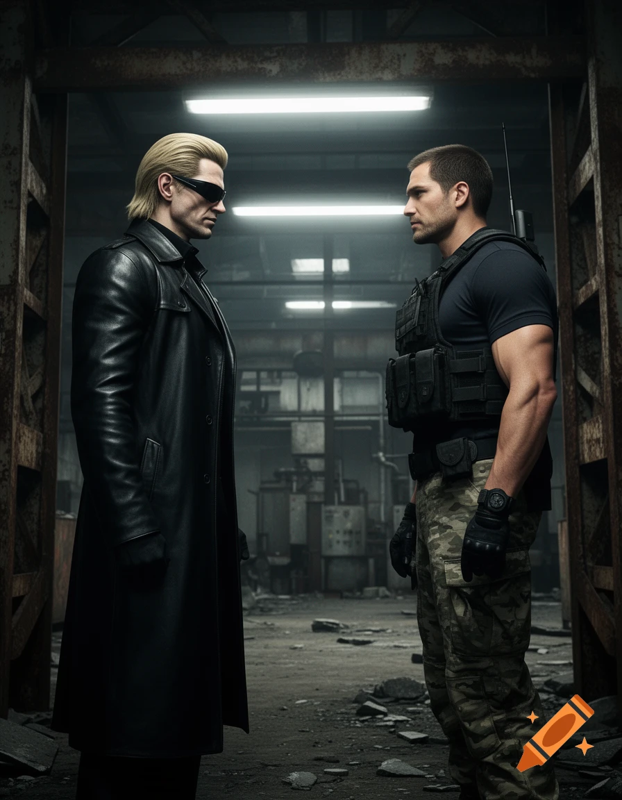 Two men, one in a long black leather coat and sunglasses, the other in tactical gear, face each other in a dark industrial setting.