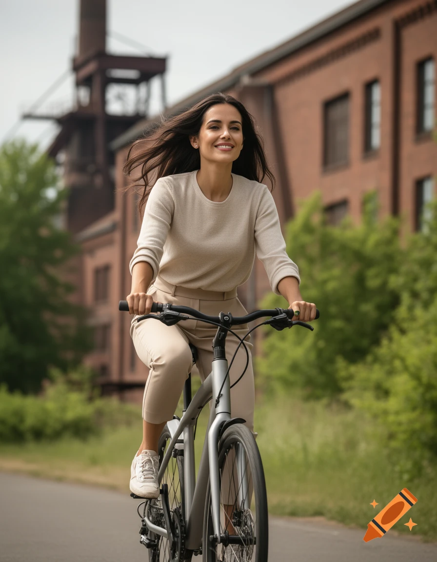 A smiling woman with long dark hair rides a bicycle on a paved path, with an industrial building and trees in the background.