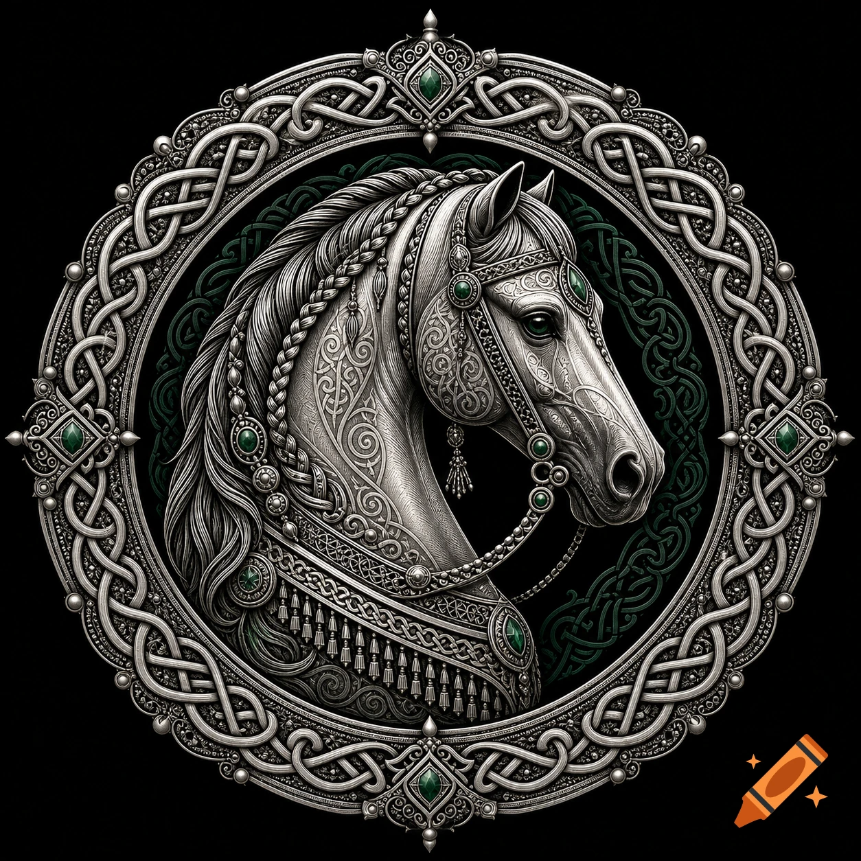 Detailed silver and emerald stylized horse head in a circular Celtic knotwork frame on black, with filigree and beads.