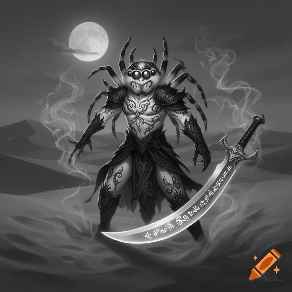 A black and white image of a humanoid spider-like creature with multiple eyes and limbs, adorned with tribal patterns and armor, holding a curved scimitar with glowing runes. It stands in a desert under a full moon with wisps of smoke around it.