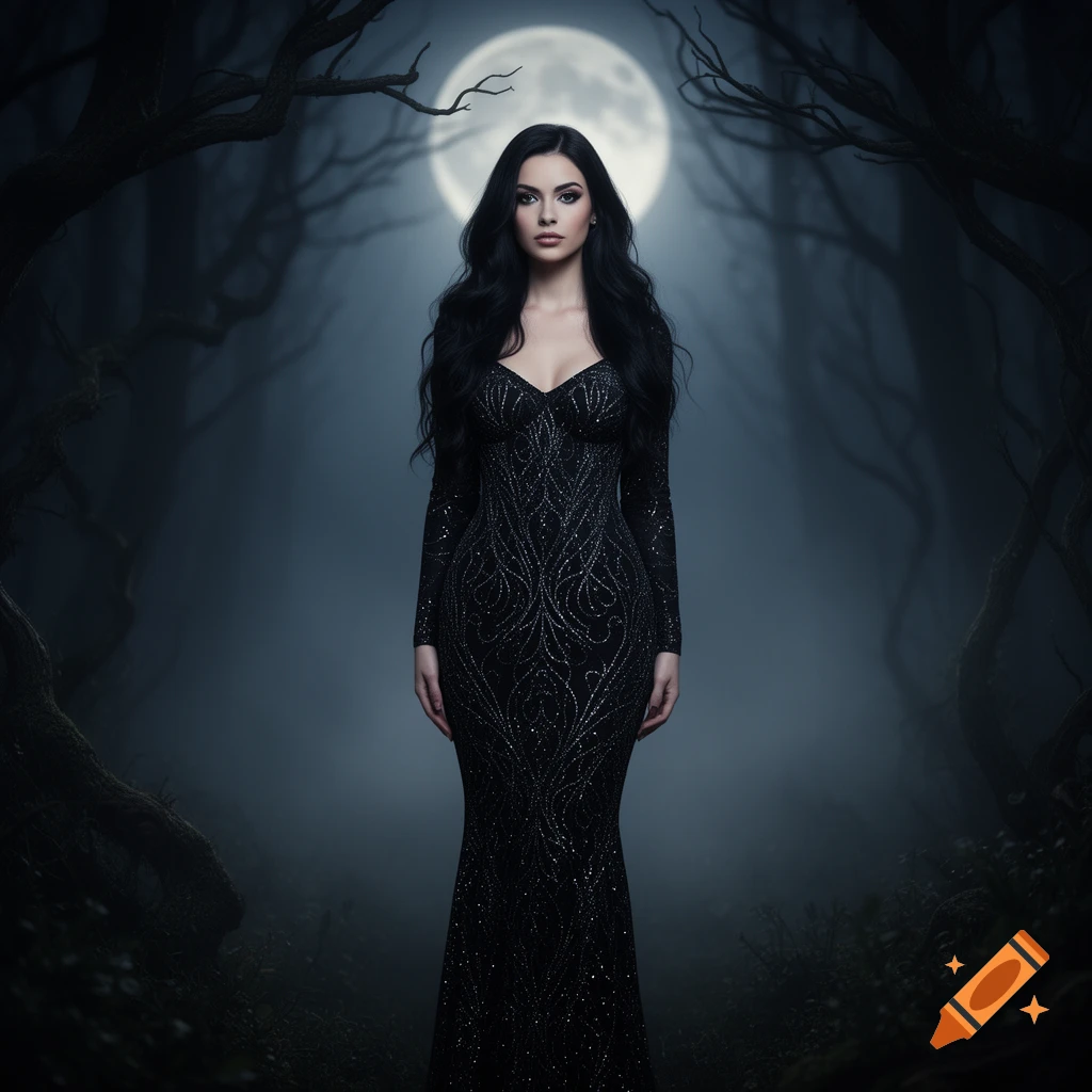 A woman with long black hair in a black, sparkling gown stands in a dark, misty forest under a full moon.