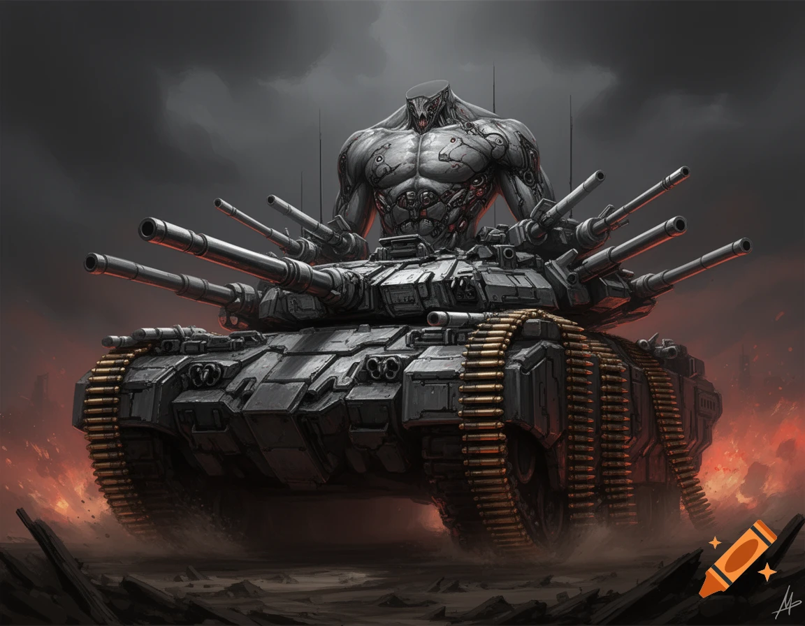 A monstrous, muscular torso emerges from a heavily armored, multi-barreled tank with ammo belts, set against a dark, fiery background.