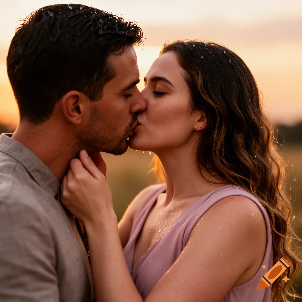 A photorealistic image of a man and woman kissing passionately at sunset, with water droplets on their hair and clothes.