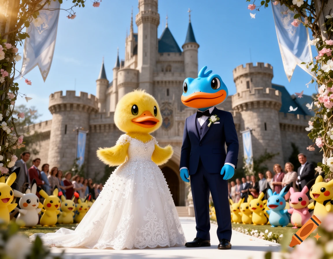 Psyduck in a wedding dress and Mudkip in a suit at a wedding in front of a large castle, with Pikachu plushies.