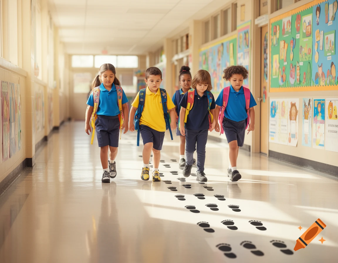 Four diverse elementary school children with backpacks walk down a brightly lit hallway following black footprint stickers.