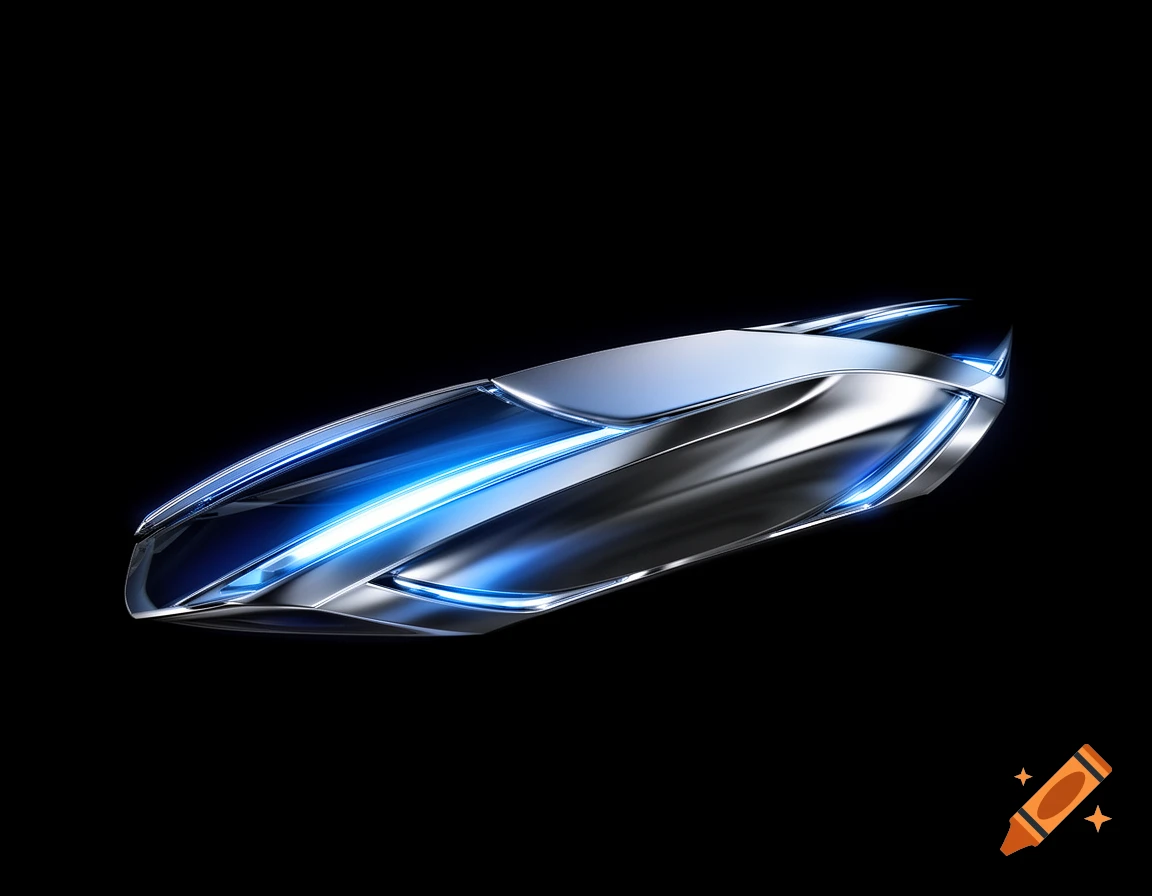 Abstract futuristic metallic object with glowing blue lines on a black background.