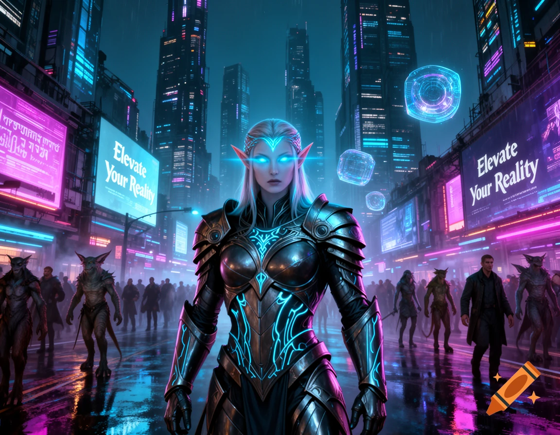 An armored elf with glowing eyes stands in a neon-lit cyberpunk city street, surrounded by fantasy creatures and futuristic billboards.