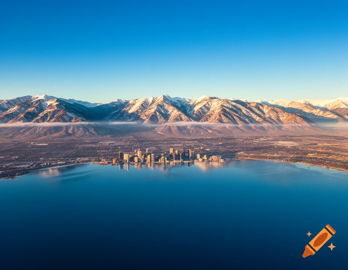 Aerial view of a city along the shore of a vast lake, with majestic snow-capped mountains in the background under a clear blue sky.
