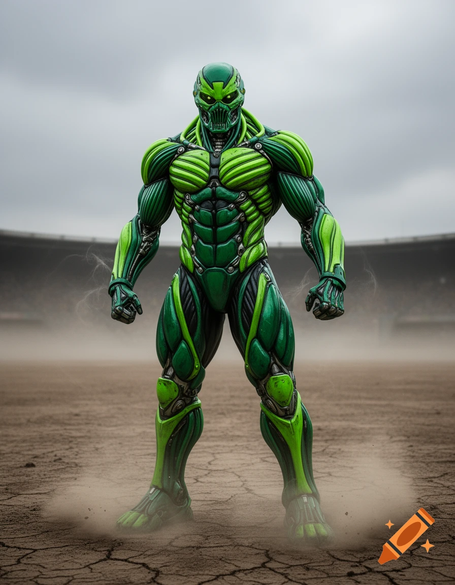 A muscular green and black cyborg character, resembling Cyrax, stands in a cracked dirt field with a stadium in the background.