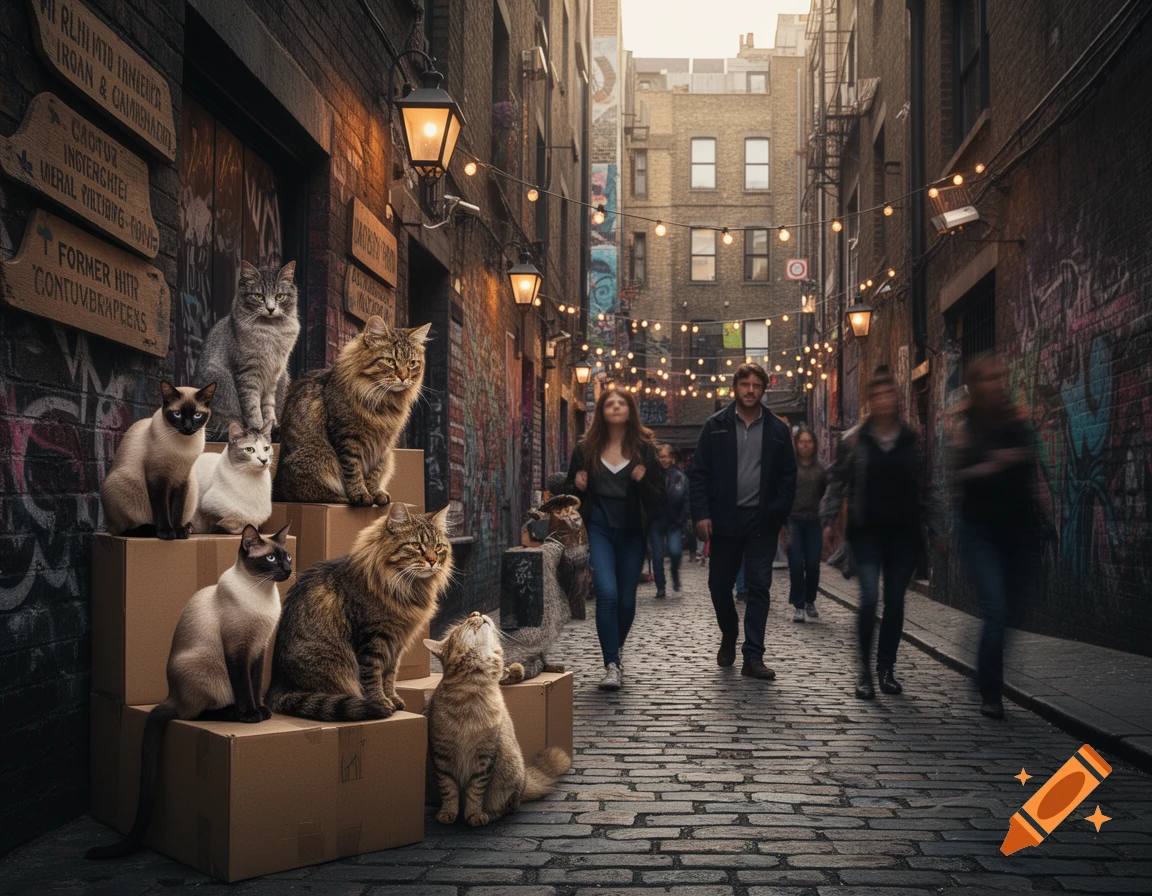 Photorealistic image of multiple cats on cardboard boxes in a dimly lit, graffiti-covered urban alley with blurred people.