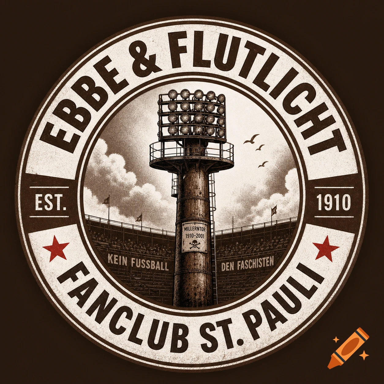 A vintage-style logo for a football fan club, featuring a stadium floodlight tower with a skull and crossbones flag, surrounded by text including "EBBE & FLUTLICHT" and "FANCLUB ST. PAULI" in an old-school circular design with red stars.