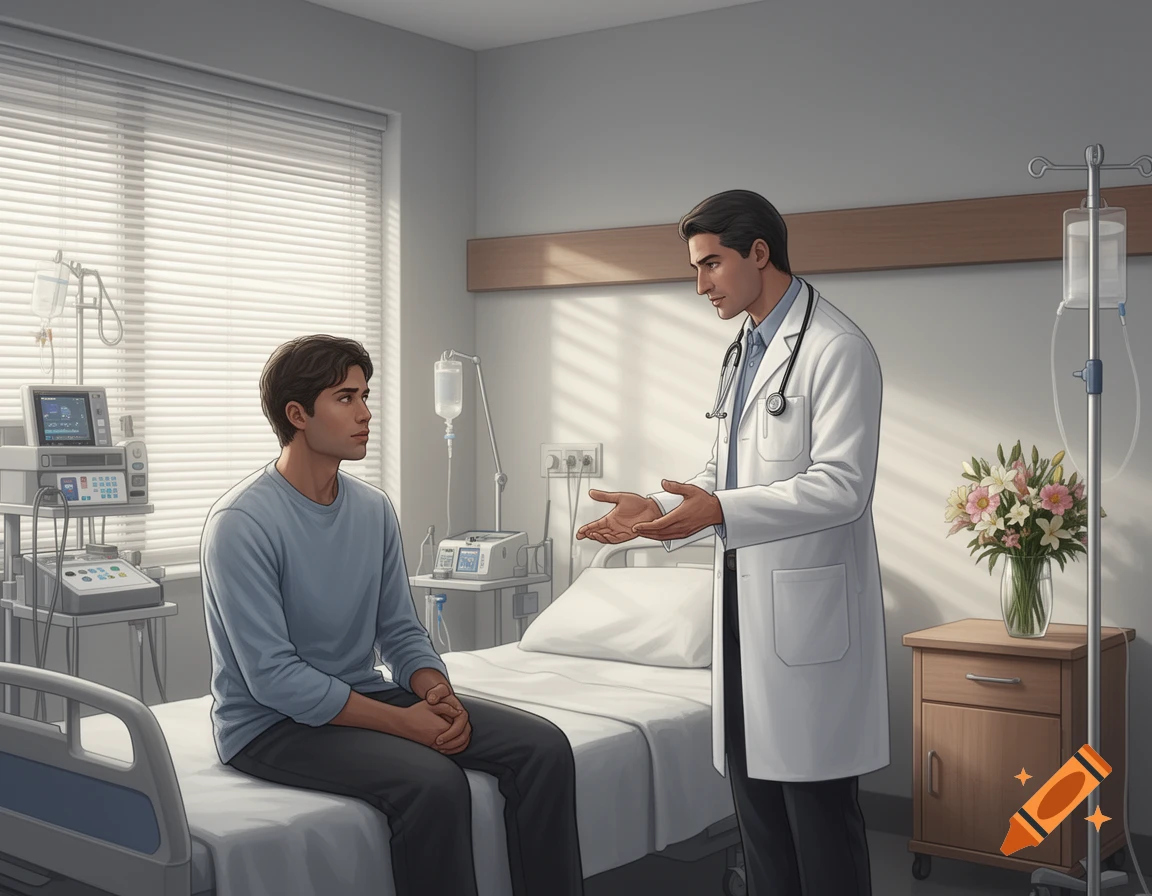 An illustrated image of a male doctor in a white coat talking to a male patient sitting on a hospital bed in a hospital room.