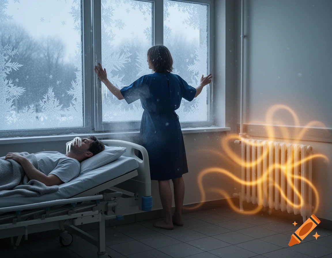 A woman in a hospital gown looks out a frosted window covered in snowflakes, while a man lies in a hospital bed with icicles on his face. A radiator glows orange with heat in the cold room.
