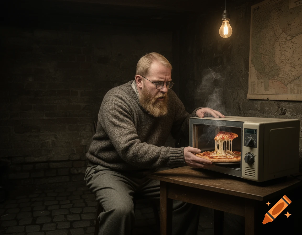 A bearded man intently removes a steaming, extra-cheesy pizza from a microwave in a dimly lit, rustic room.