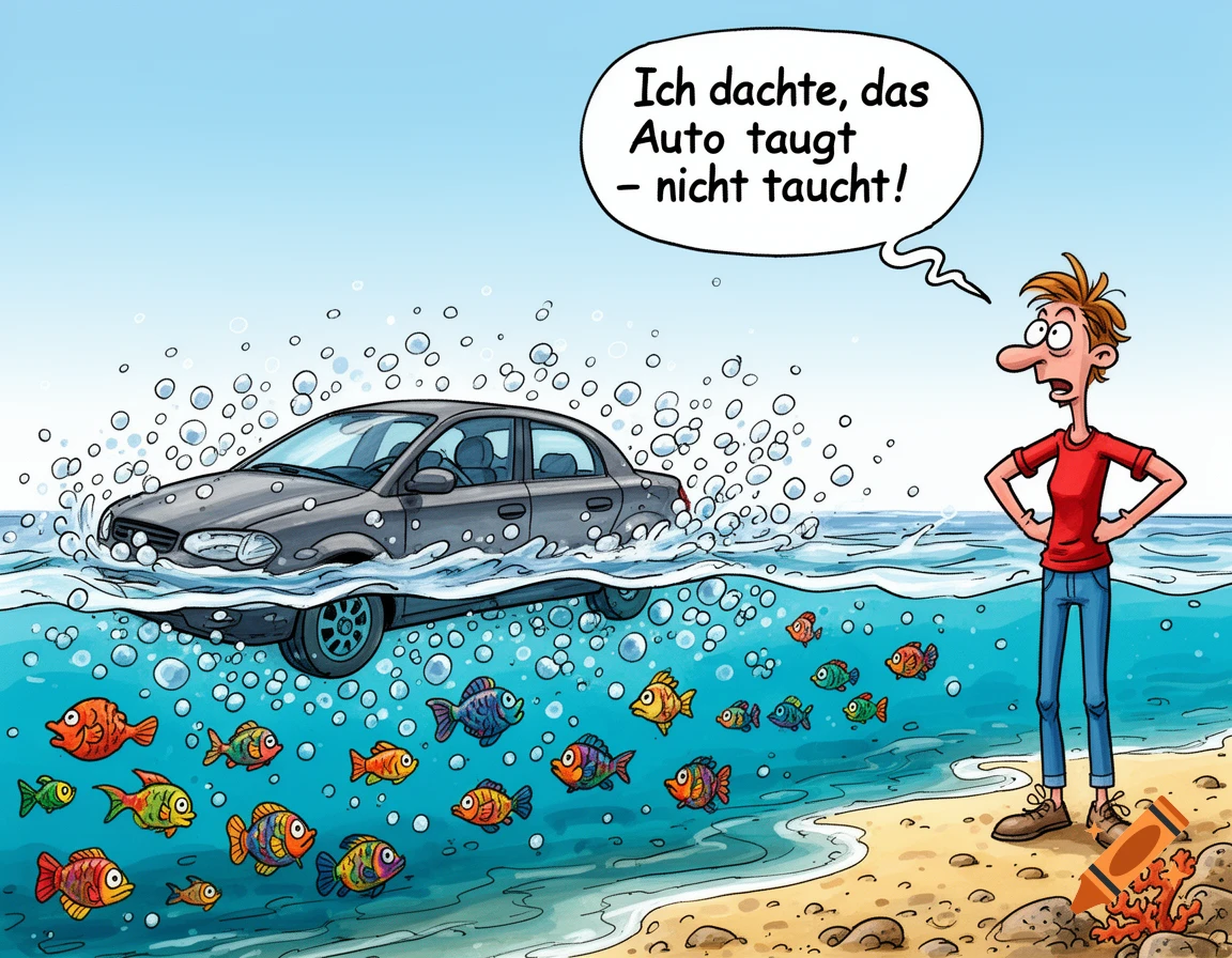 Cartoon of a confused man on a beach watching his car sink into the ocean with fish, speech bubble with German pun.