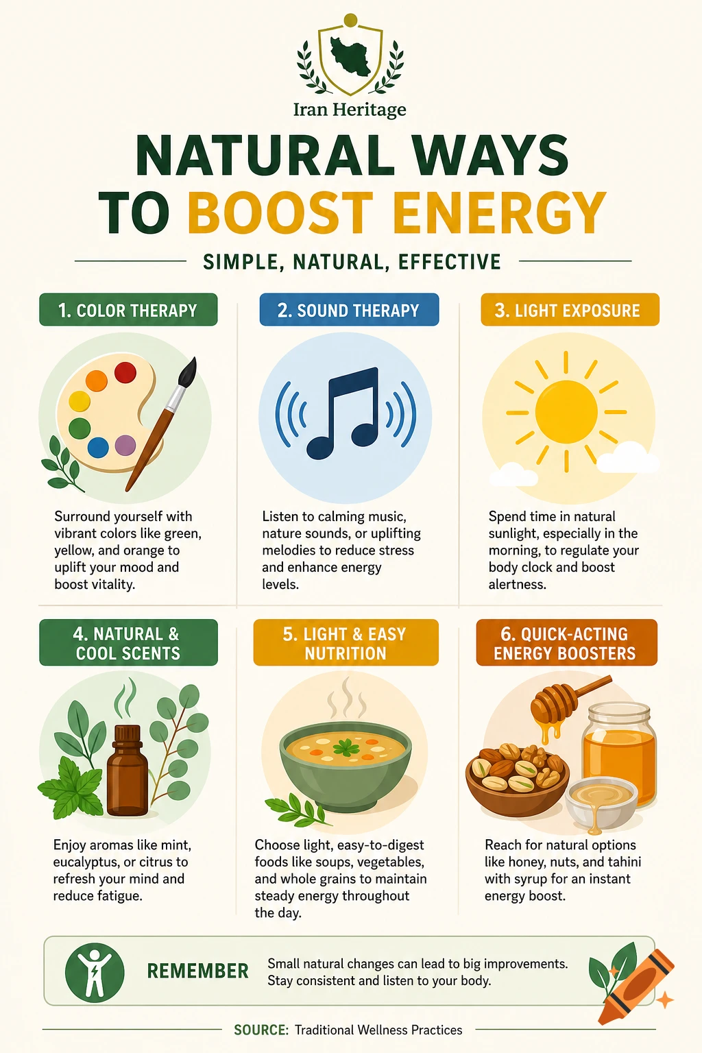 An infographic titled 'Natural Ways to Boost Energy' with sections on color therapy, sound therapy, light exposure, scents, nutrition, and quick boosters.