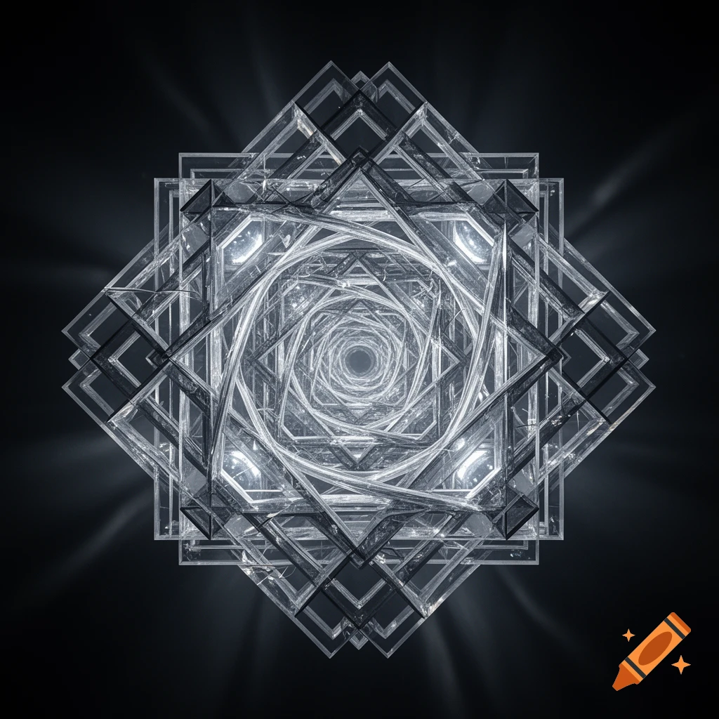 A complex, glowing abstract geometric structure of interconnected square frames spiraling inward, set against a dark background.