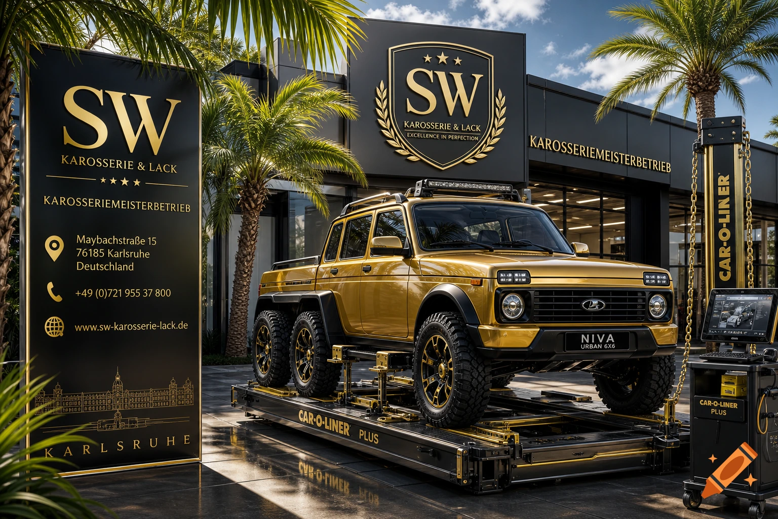 A photorealistic image of a gold six-wheel Lada Niva Urban on a Car-O-Liner Plus lift outside a high-end car body shop with palm trees and a large sign with company details. The building has a gold SW logo.