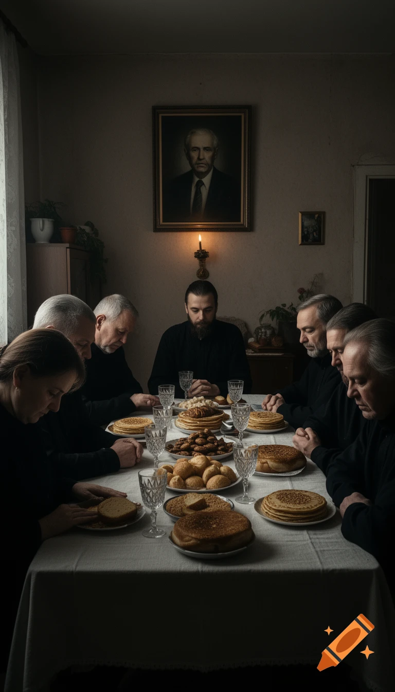 A solemn group in dark clothes sits around a table with food, a portrait of a man on the wall behind them, lit by a candle.