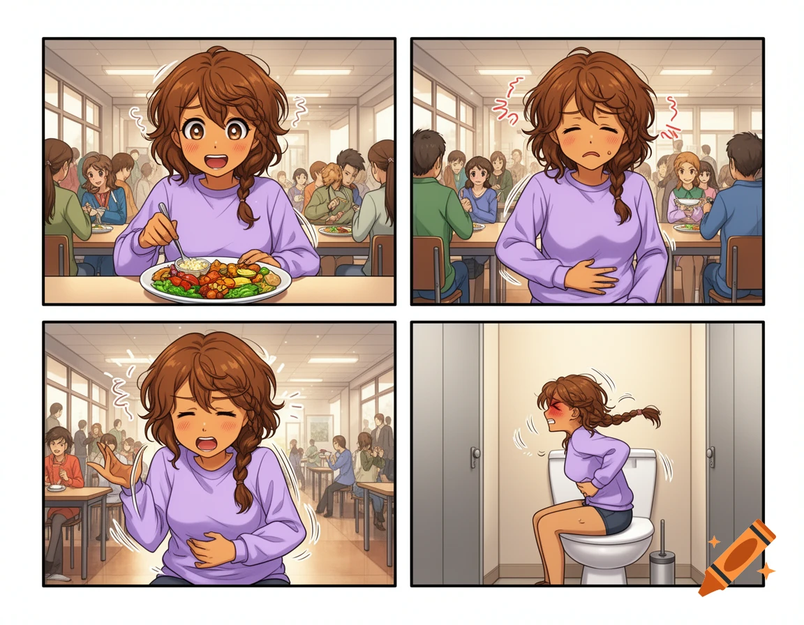 Anime comic: Girl eats, gets stomach ache, then sits on a toilet in discomfort.