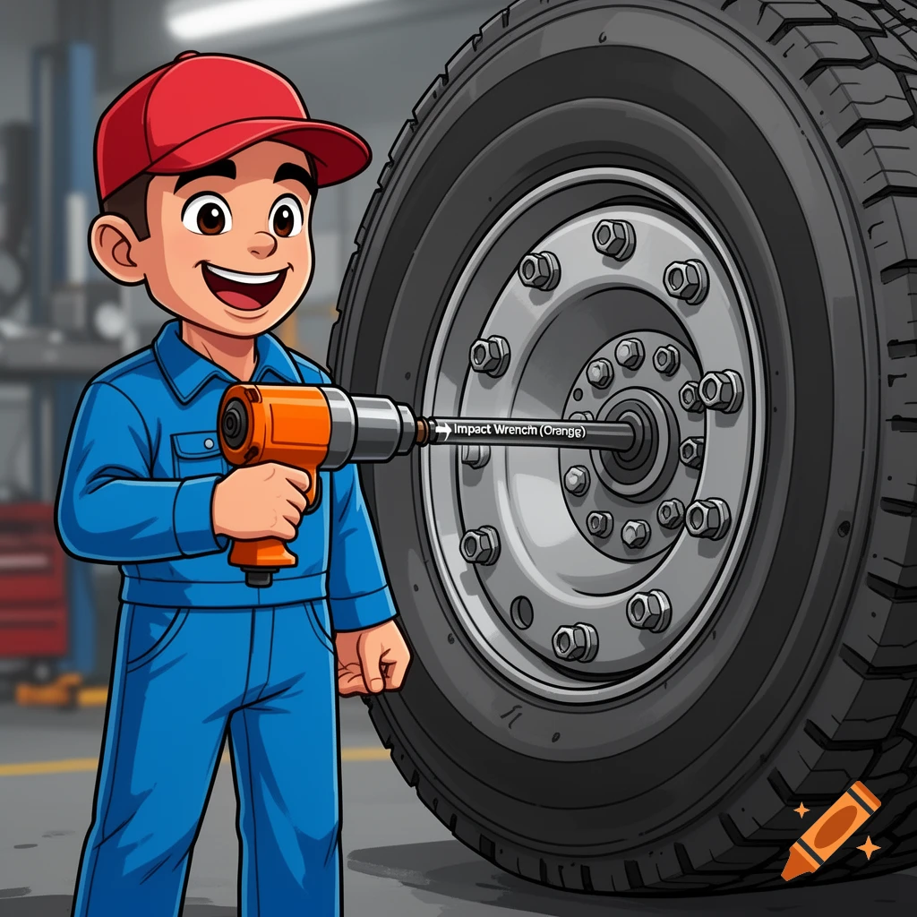 Cartoon boy mechanic in a red cap and blue coveralls smiling, using an orange impact wrench on a large truck tire in a garage.