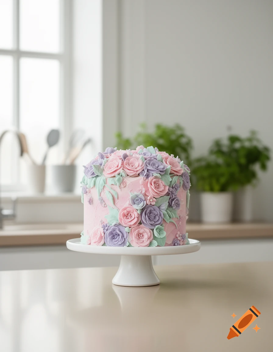 A beautiful pink cake decorated with pastel pink, purple, and mint green frosting flowers on a white cake stand in a bright kitchen.
