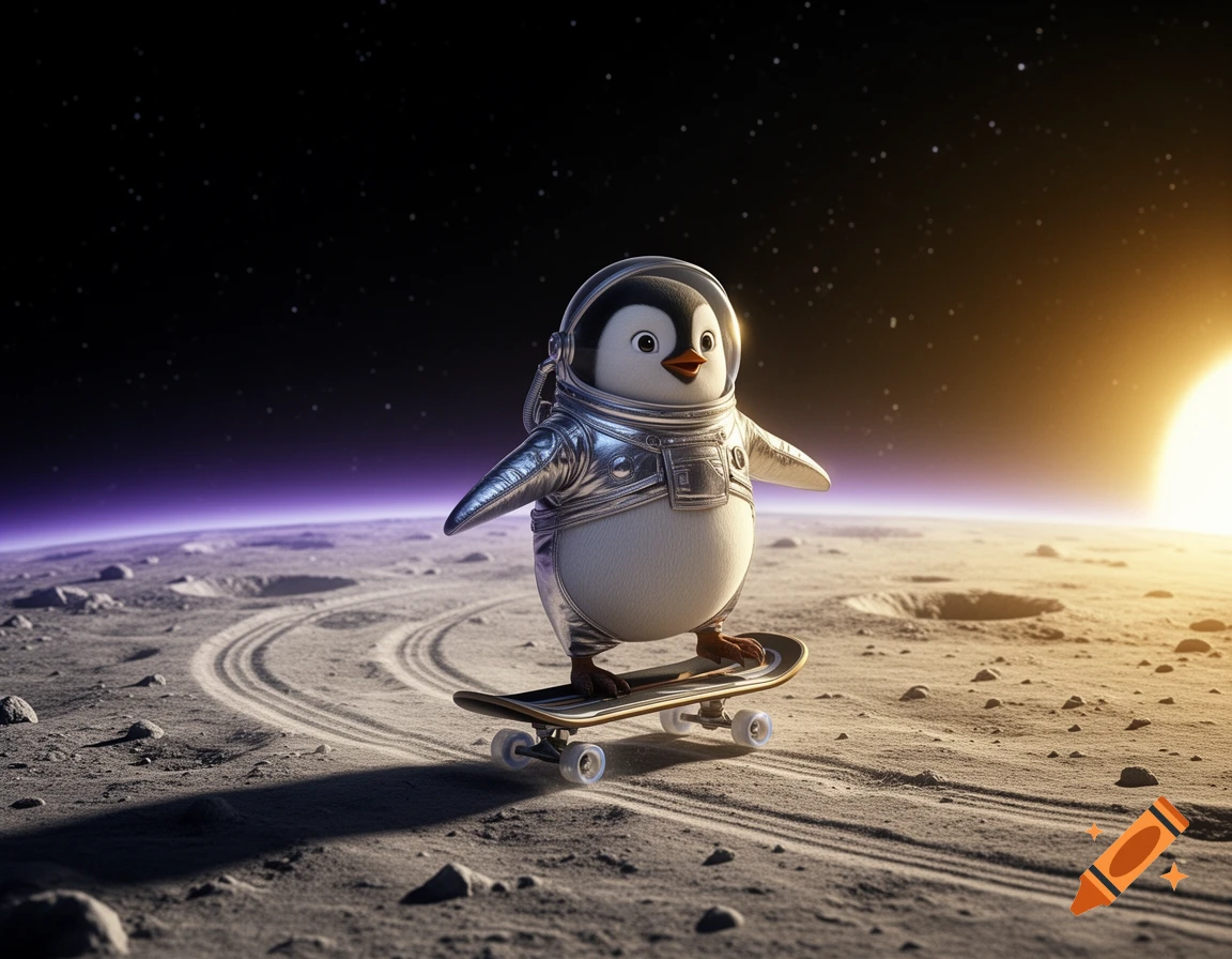 A cute cartoon penguin wearing a shiny silver astronaut suit rides a skateboard on the cratered surface of the Moon at sunset.