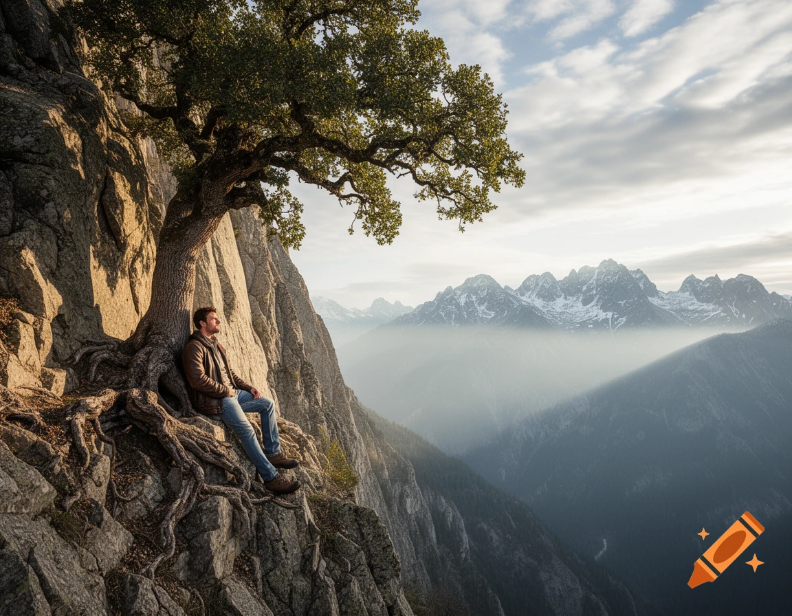 A man in a brown jacket and jeans leans against a tree on a rocky cliff, looking out at a vast, misty mountain range.