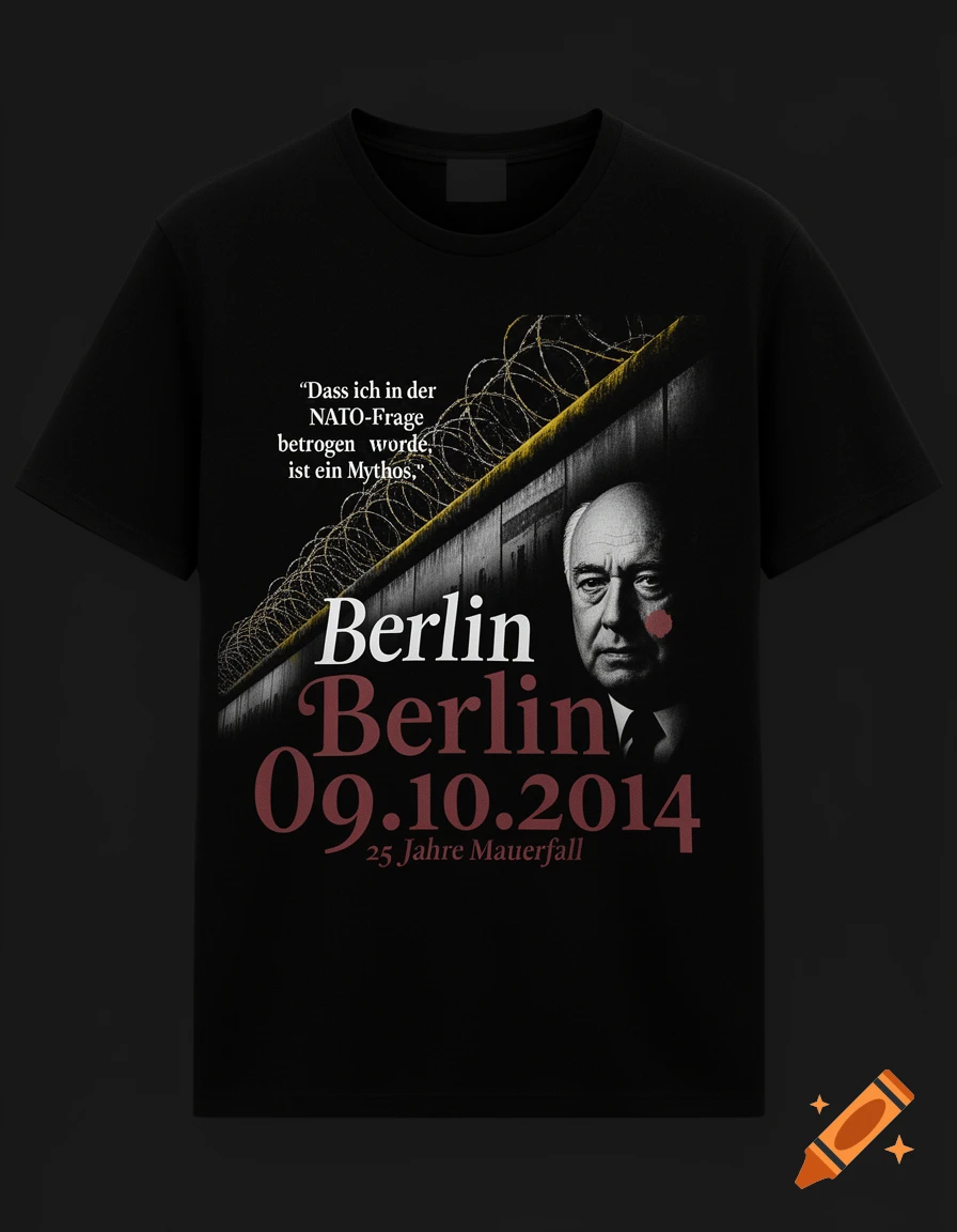 A black t-shirt features a graphic design of Mikhail Gorbachev with a red birthmark, a concrete wall with barbed wire, and German text related to the Berlin Wall.