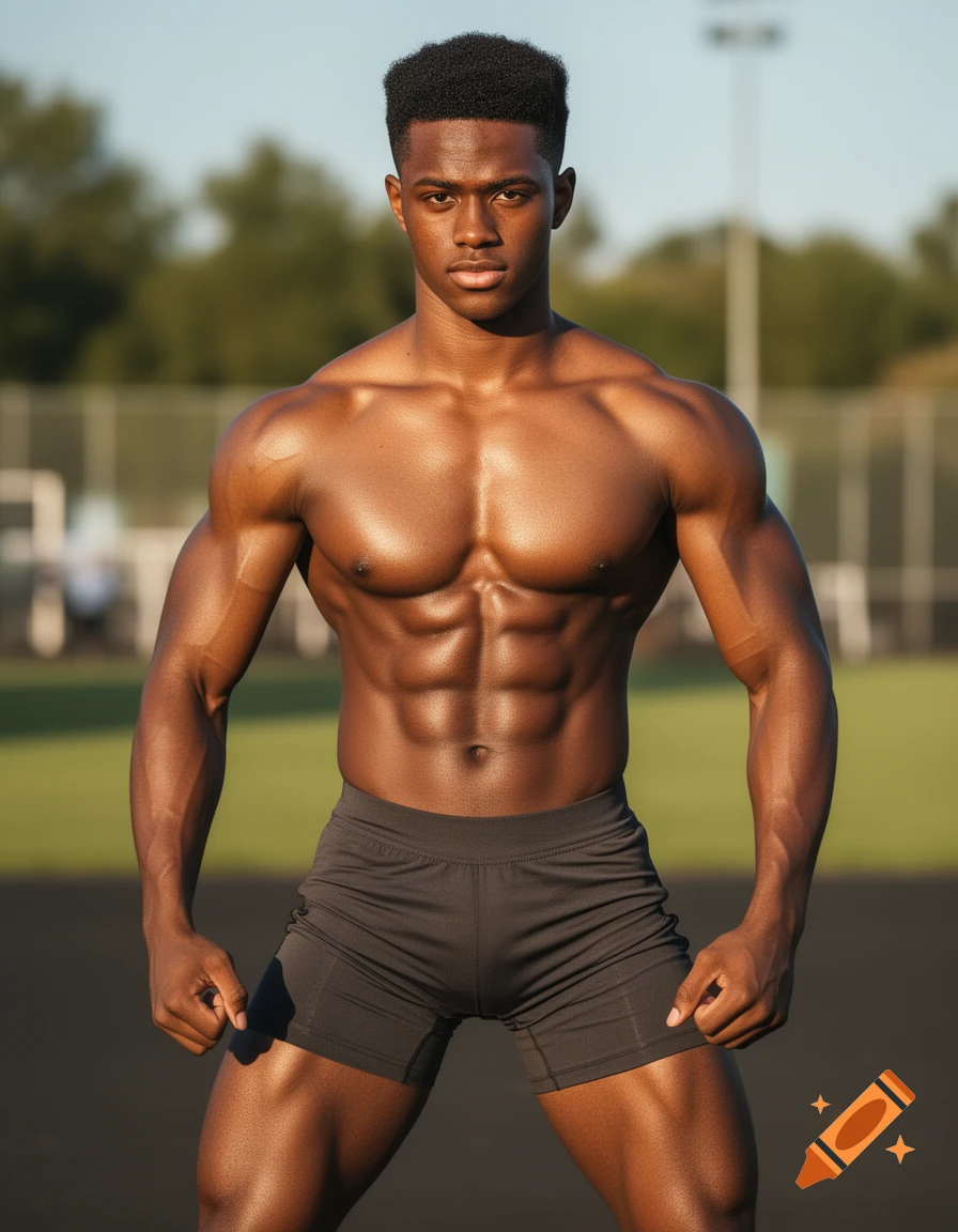 A photorealistic portrait of a young, muscular Black man with a defined physique, wearing athletic shorts, outdoors on a track.