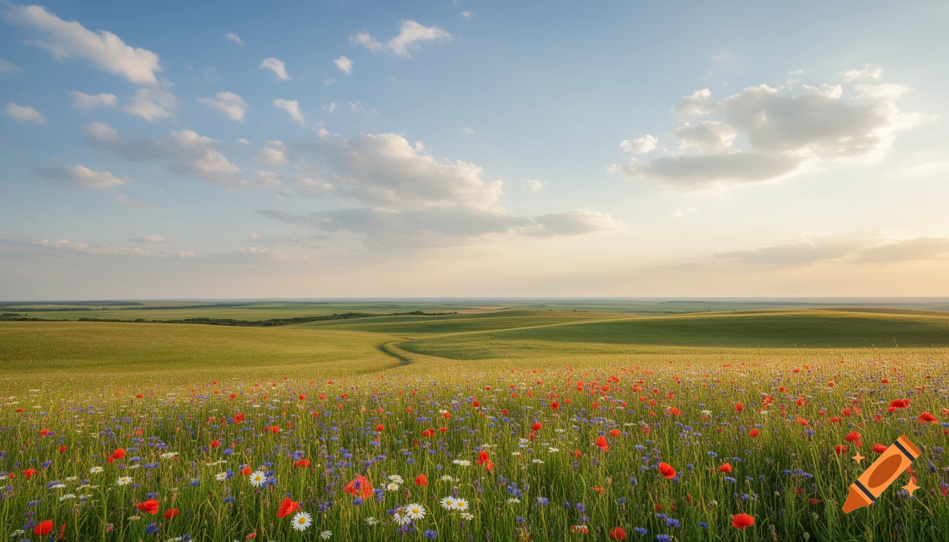 Vibrant field of red poppies and colorful wildflowers under a blue sky, with rolling green hills extending to the horizon.