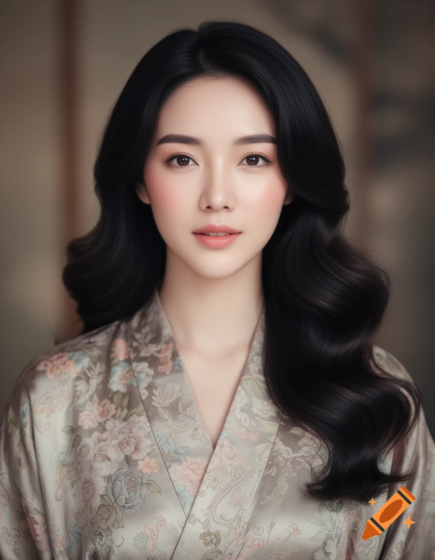 A close-up photorealistic portrait of an East Asian woman with dark wavy hair wearing a floral robe.