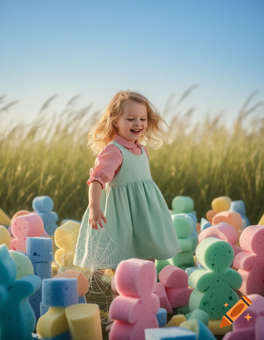 A smiling young child in a dress plays among colorful sponge shapes in a sunny grassy field.