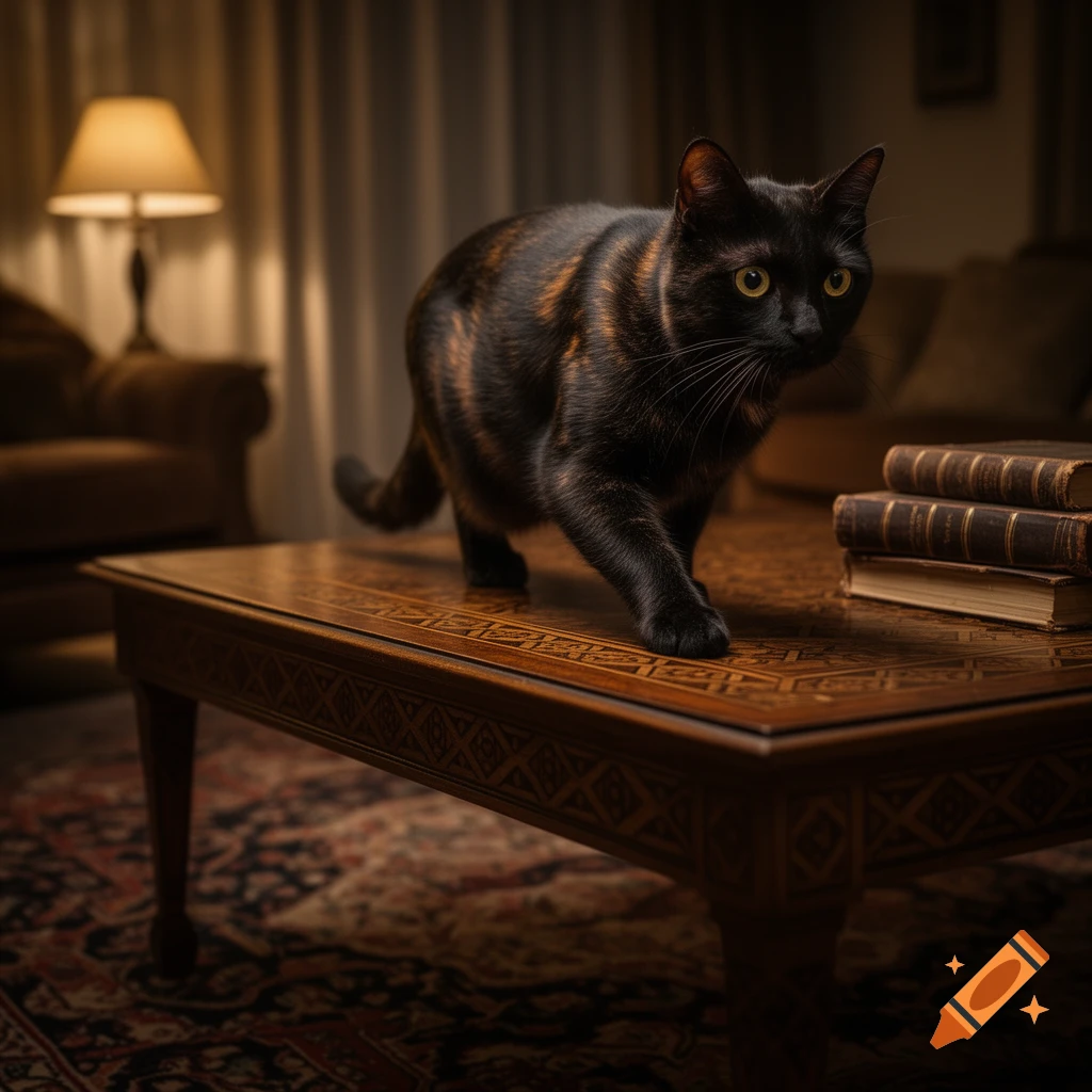 A black and tortoiseshell cat with yellow eyes walks across a patterned wooden coffee table in a dimly lit room.
