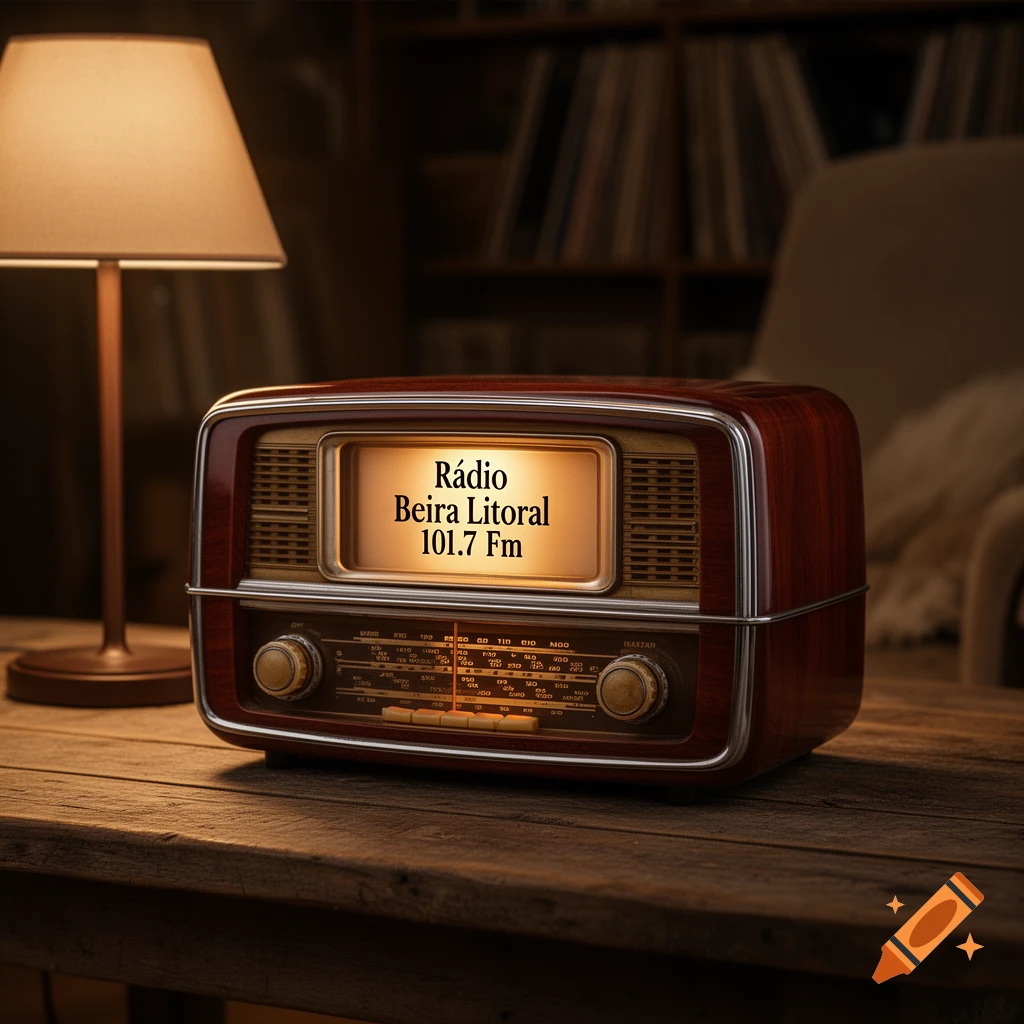 A vintage wooden radio with a glowing screen displaying "R\u00e1dio Beira Litoral 101.7 Fm" sits on a wooden table next to a lamp in a dimly lit room, with books in the background.