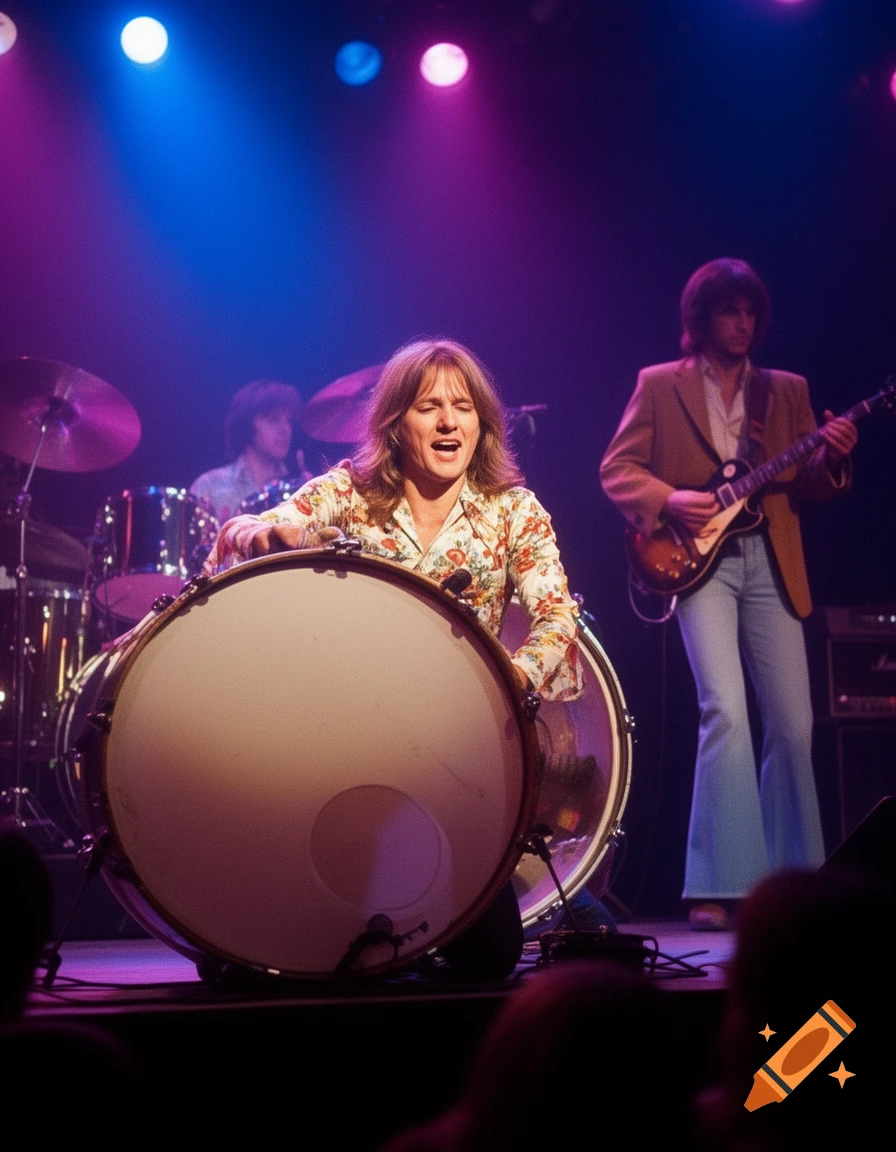A lead singer in a floral shirt sings passionately behind a large drum on stage, with a guitarist playing behind them.